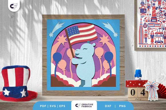 Patriotic Hippopotamus 3D SVG for Independence Day Crafts