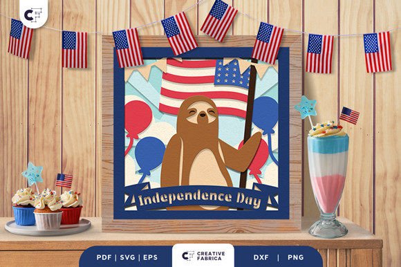 Patriotic Sloth 3D Shadow Box Paper Cut: A Festive Graphic Design Asset for Independence Day Branding